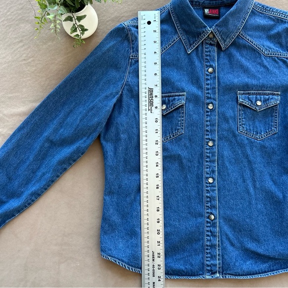 NY Jeans Company Womens Shirt Western Denim Blue Pearl Snap Front, Long Sleeve - Picture 9 of 11